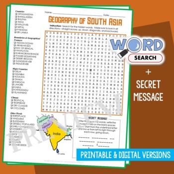 Geography of SOUTH ASIA Region Word Search Puzzle Map Activity Worksheet