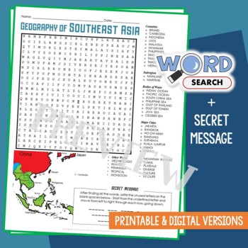 Preview of Geography of SOUTHEAST ASIA Region Word Search Puzzle Map Activity Worksheet