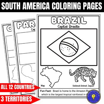 Preview of Geography of South America Coloring Pages | Flags-Capitals-National Animal-Maps