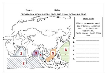 Preview of Geography worksheet: Label the Asian oceans and seas