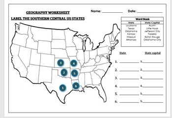 Preview of Geography worksheet: Label the Central Southern USA States