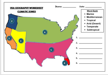 Preview of Geography worksheet: Label the Climatic Zones of the USA