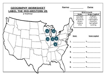 Preview of Geography worksheet: Label the Midwestern USA States