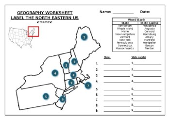 Preview of Geography worksheet: Label the North-Eastern USA States
