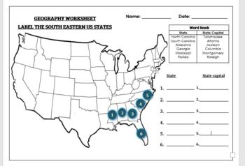 Preview of Geography worksheet: Label the South Eastern USA States