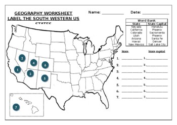 Preview of Geography worksheet: Label the South Western USA States