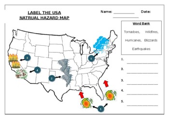 Preview of Geography worksheet: Label the USA Natural Hazards Map