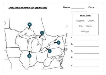 Preview of Geography worksheet: Label the five great lakes (USA)