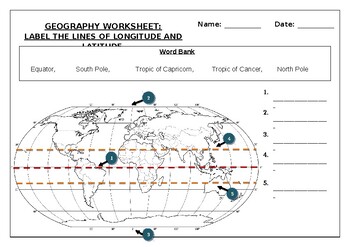 Preview of Geography worksheet: Label the lines of longitude and latitude