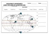 Geography worksheet: Label the lines of longitude and latitude