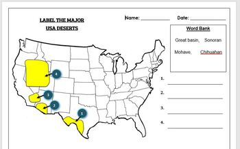 Preview of Geography worksheet: Label the major deserts (USA)