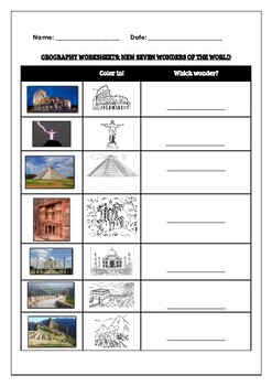 geography worksheet the new seven wonders of the world by