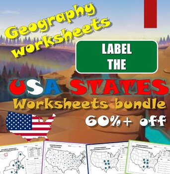 Preview of Geography worksheet bundle: Label the USA States