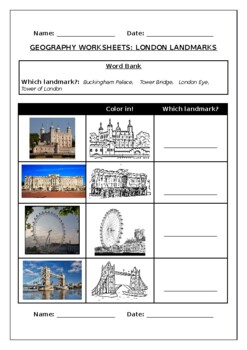 Preview of Geography worksheets: Famous London landmarks