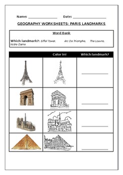 Preview of Geography worksheets: Famous Paris landmarks