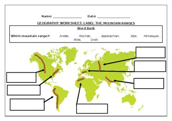 Preview of Geography worksheets: Label the mountain ranges