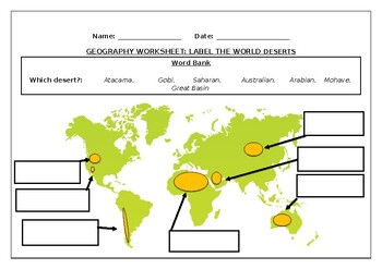 Preview of Geography worksheets: Label the world's deserts