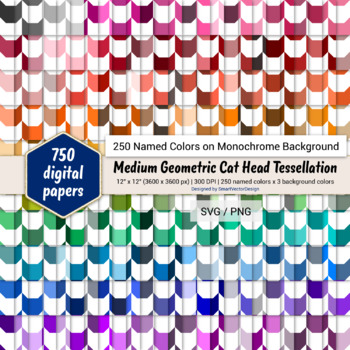 Geometric Cat Head Tessellation Digital Paper - 250 Colors on BG