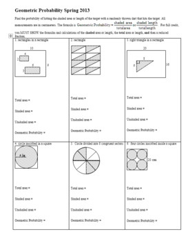 Preview of Geometric Probability Worksheet Spring 2013 with Answer Key (Editable)