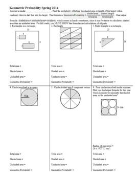 Preview of Geometric Probability Worksheet Spring 2014 with Key (Editable)