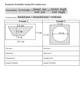 Preview of Geometric Probability Worksheet Spring 2014 Student Notes with Key (Editable)