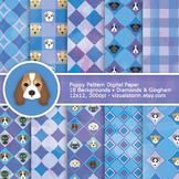 Geometric Puppy Digital Paper, Gingham & Diamonds, blue/pu