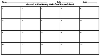 Preview of Geometric Relationship Task Card Record Sheet
