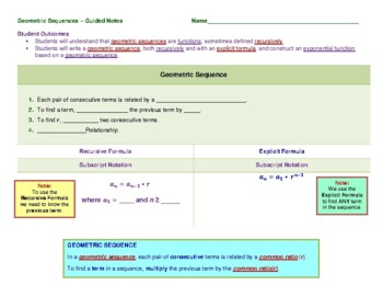 Preview of Geometric Sequences: Recursive & Explicit Formulas – Guided Notes