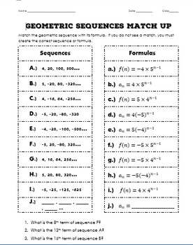 Geometric Sequences Match Up Formulas By Rise Over Run Tpt