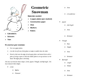Preview of Geometric Snowman Math Project  1 day activity