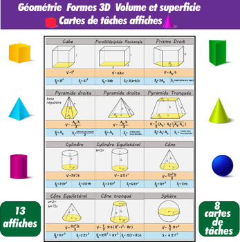 Géométrie des formes 3D : volume et aires Cartes de tâches | math français