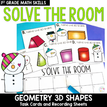 Preview of Geometry 3D Shapes Math Task Cards First Grade Solve the Room