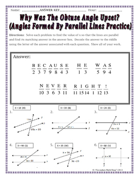 Parallel Lines - Angles Formed by Parallel Lines Riddle Worksheet