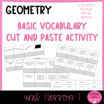 Preview of Geometry Basic Vocabulary Cut and Paste - Point, Line, Plane Unit 1 Lesson 1