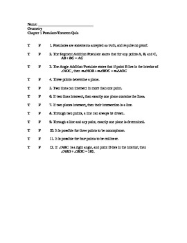 Geometry Chapter 1 Postulates Theorems Worksheet by Acris Learning