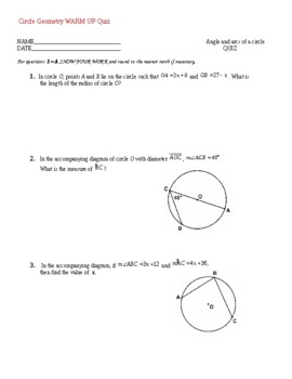 Preview of Geometry - Circle WARM UP Quizzes