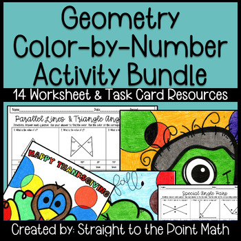 Preview of Geometry Color by Number Activity Bundle with Worksheets and Task Cards
