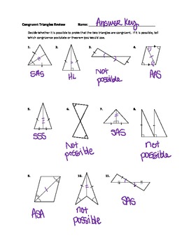 Geometry: Congruent Triangles Practice Worksheet ANSWER KEY by MsMarshMath