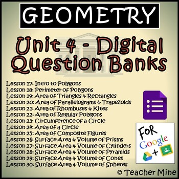 Preview of Geometry Digital Question Banks - Unit 4 - 2D & 3D Figures BUNDLE