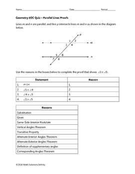 Preview of Geometry EOC Quiz - Parallel Lines Proofs BUNDLE