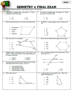 Final Exam For Geometry Worksheets Teaching Resources Tpt