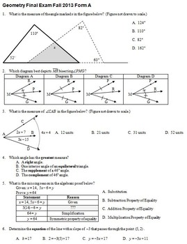 Preview of Geometry Final Exam Fall 2013; multiple-choice; 2 versions; with key (Editable)