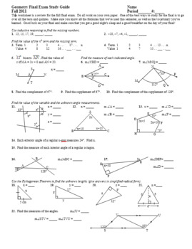 Preview of Geometry Final Exam Review Study Guide Fall 2011 with Answer Key (Editable)