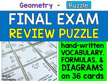 Preview of Geometry Final Exam Review Puzzle - 36 Cards with Formulas and Diagrams