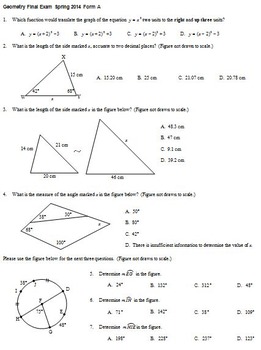 Geometry Final Exam Spring 2014; multiple-choice; 2 versions; with key