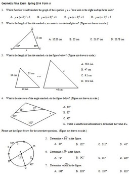 Preview of Geometry Final Exam Spring 2014; multiple-choice; 2 versions; with key-Editable