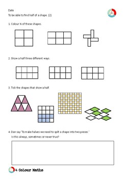 year 2 geometry finding half of a shape 2 by 4 colour maths tpt