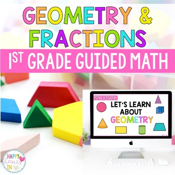 Preview of Geometry Fractions 1st Grade Guided Math Unit 2d 3D Shapes Activities Lessons