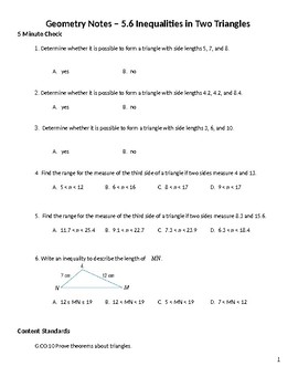 section 5-6 worksheet inequalities in two triangles