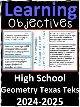 Preview of Geometry High School Texas TEKS Learning Objectives Cards | Color & B&W